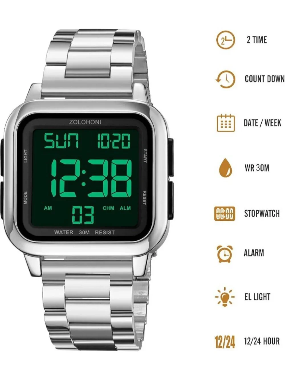 Men's Silver Analog Quartz Stainless Steel Waterproof Square LED Digital Watch